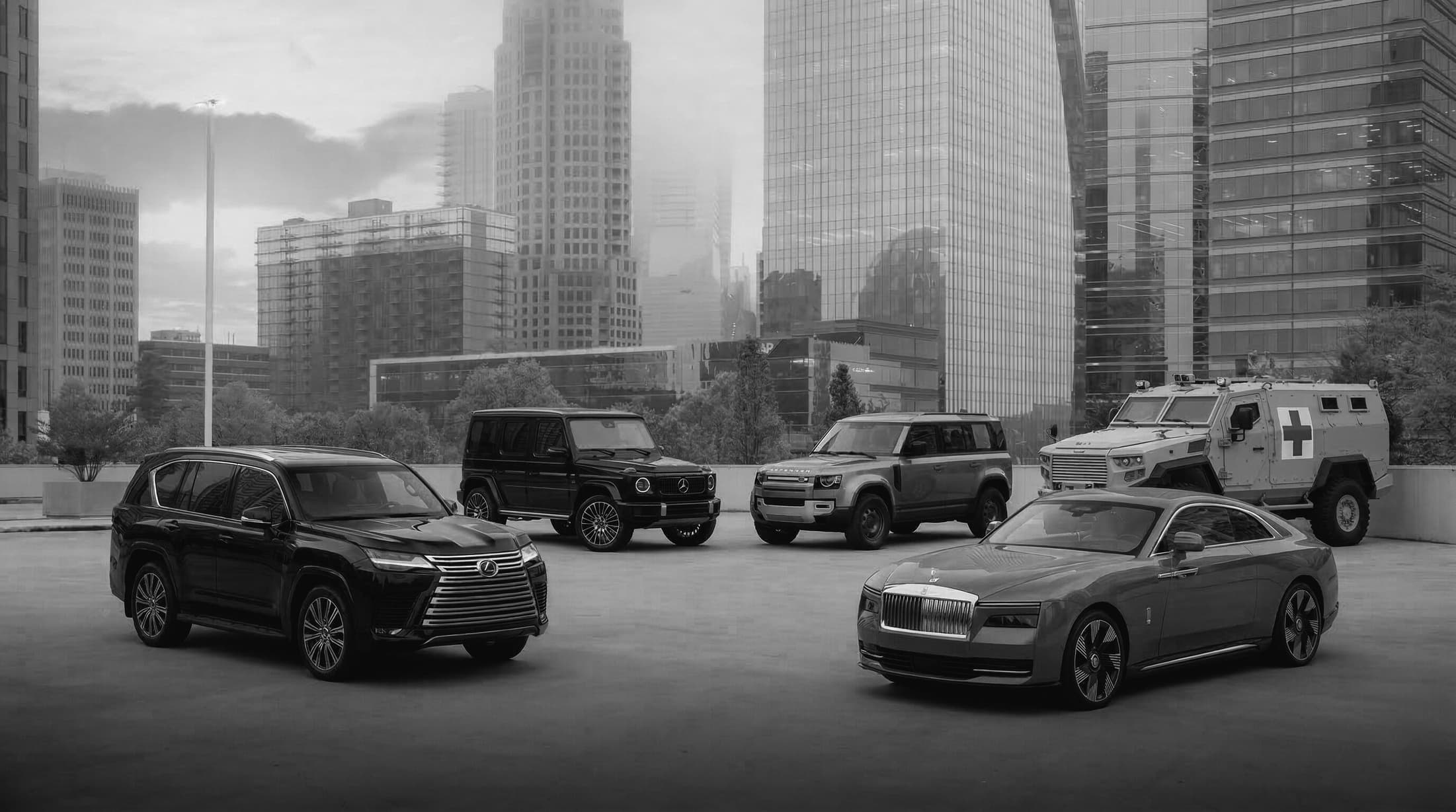 Luxury fleet in city skyline — Nazmul's Luxe Auto comprehensive services